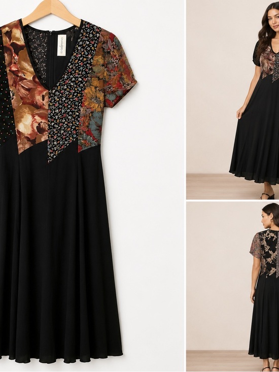C&C California Dresses & Skirts - C&C California Black Patchwork Floral V‑Neck Midi Dress